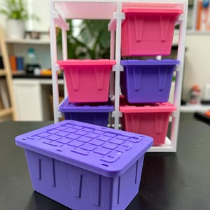 Puede incluir: Un estante de almacenamiento de plástico blanco con varios niveles, que contiene varios contenedores rectangulares en colores rosa brillante y morado alternos. Un contenedor morado con tapa a juego está en primer plano.