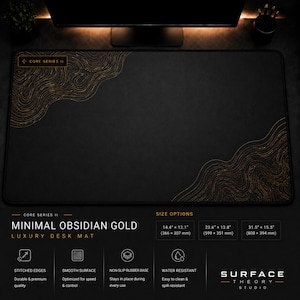 Minimal Obsidian Gold Desk Mat, Black Gold Mouse Pad, Minimalist Desk Pad, Luxury Desk Setup, Extended Gaming Mouse Pad