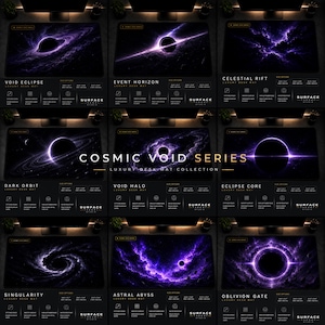 May include: A collection of nine rectangular desk mats from the Cosmic Void Series, each featuring purple and black space-themed graphics of black holes, nebulae, and celestial events. Each mat includes product text and size specifications.