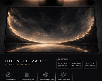 May include: A rectangular desk mat featuring a dark, dramatic sky with golden light illuminating clouds above a reflective surface. Text includes "INFINITE VAULT LUXURY DESK MAT" and "SURFACE THEORY STUDIO," with size options in inches and millimeters.