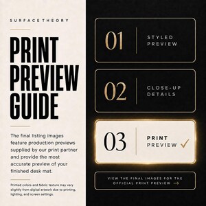 Op de afbeelding: Een afdrukvoorbeeldgids met een cr&egrave;mekleurige linkerkant en een zwarte rechterkant. De tekst luidt Surface Theory, Print Preview Guide en legt productievoorbeelden uit. Rechts staan 01 Styled Preview, 02 Close-up Details en 03 Print Preview.