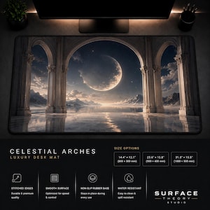 Alfombrilla de escritorio Arcos Celestiales, alfombrilla de ratón Palacio Lunar, alfombrilla de ratón de lujo para juegos de fantasía, alfombrilla de escritorio elegante con arquitectura de mármol, alfombrilla de ratón XXL