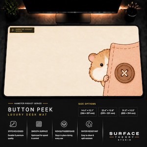 May include: A rectangular desk mat with a cream-coloured surface featuring a brown hamster peeking from behind a tan fabric pocket with a dark brown button. The top left corner displays the text Hamster Pocket Series.