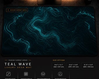 Teal Wave Desk Mat, Teal Gaming Mouse Pad, Ocean Inspired Desk Mat, Extended Mouse Pad, Luxury Workspace Accessory, Shadow Current Series