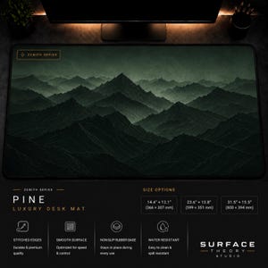 May include: A rectangular desk mat featuring a dark green mountain range landscape. The top left corner displays the text Zenith Series. Below the mat, text lists size options including 14.4 x 12.1 inches, 23.6 x 13.8 inches, and 31.5 x 15.5 inches.