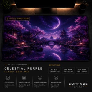 Celestial Purple Desk Mat, Purple Mouse Pad, Japanese Garden Desk Mat, Moonlit Sakura Mouse Pad,Extended Mouse Pad, Celestial Gardens Series