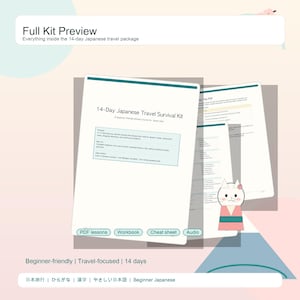 May include: A 14-Day Japanese Travel Survival Kit document set featuring PDF lessons, a workbook, a cheat sheet, and audio files. The cover page displays the title, a description of the course, and a small cartoon cat illustration.