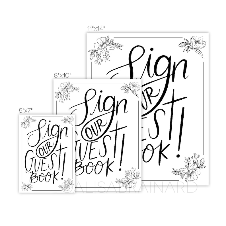 Guest Book Sign Template Printable Sign Calligraphy Floral Illustration