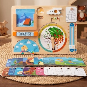 May include: Wooden educational weather and seasons board with a spring theme. Includes a thermometer, a rotating wheel showing the months and seasons, and cards with weather and clothing options. The board has the text "AUTUMN SPRING".