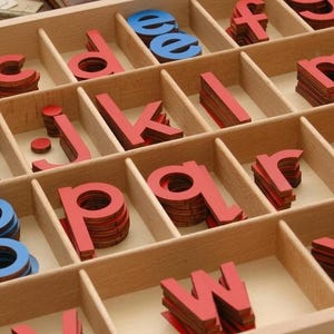 Könnte beinhalten: Holztablett mit Fächern, die mit roten und blauen Kleinbuchstaben gefüllt sind. Die Buchstaben sind in ordentlichen Stapeln angeordnet, wobei einige einzelne Buchstaben verstreut sind. Das Tablett ist aus hellem Holz gefertigt, und ein Stift und ein Kompass sind im Hintergrund zu sehen.
