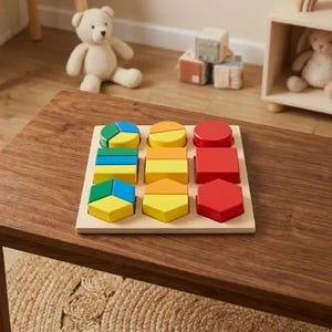 May include: A wooden shape sorter with colorful geometric shapes. The shapes include circles, squares, hexagons, and other forms in red, yellow, blue, and orange. The sorter is on a wooden table.