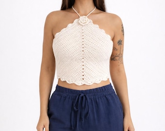 Bralette de crochet hecho a mano, top de bikini con lazo en la espalda, conjunto bohemio para festivales de verano, bralette de punto ajustable, ropa de playa