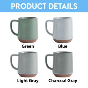May include: Four ceramic mugs in green, blue, light gray, and charcoal gray, each with a brown base and a handle. The text "PRODUCT DETAILS" is at the top, with the color names below each mug.