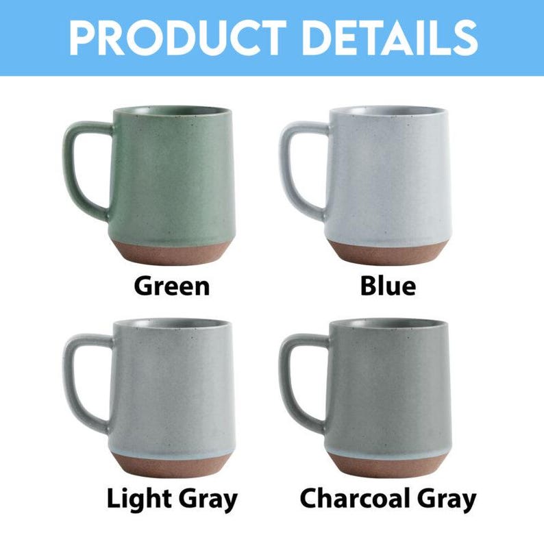 May include: Four ceramic mugs in green, blue, light gray, and charcoal gray, each with a brown base and a handle. The text "PRODUCT DETAILS" is at the top, with the color names below each mug.