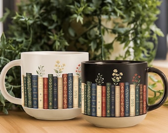 Vintage Bookshelf Library Pottery Mug Book Lover Gift, Floral Bookish Gifts For Reader, Reading Coffee Cup