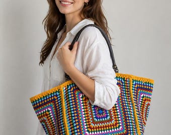 Bolsa de fin de semana cuadrada de abuela de ganchillo, bolso de viaje XXL colorido, bolso de lona grande