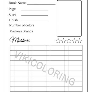 K&ouml;nnte beinhalten: Schwarz-wei&szlig; Malvorlagen-Tracker mit Feldern f&uuml;r Buchname, Seite, Start, Ende, Anzahl der Farben und Marken. Enth&auml;lt einen Bewertungsbereich und ein Raster zur Verfolgung der Marker. Der Text "Coloring Page Tracker" steht oben.