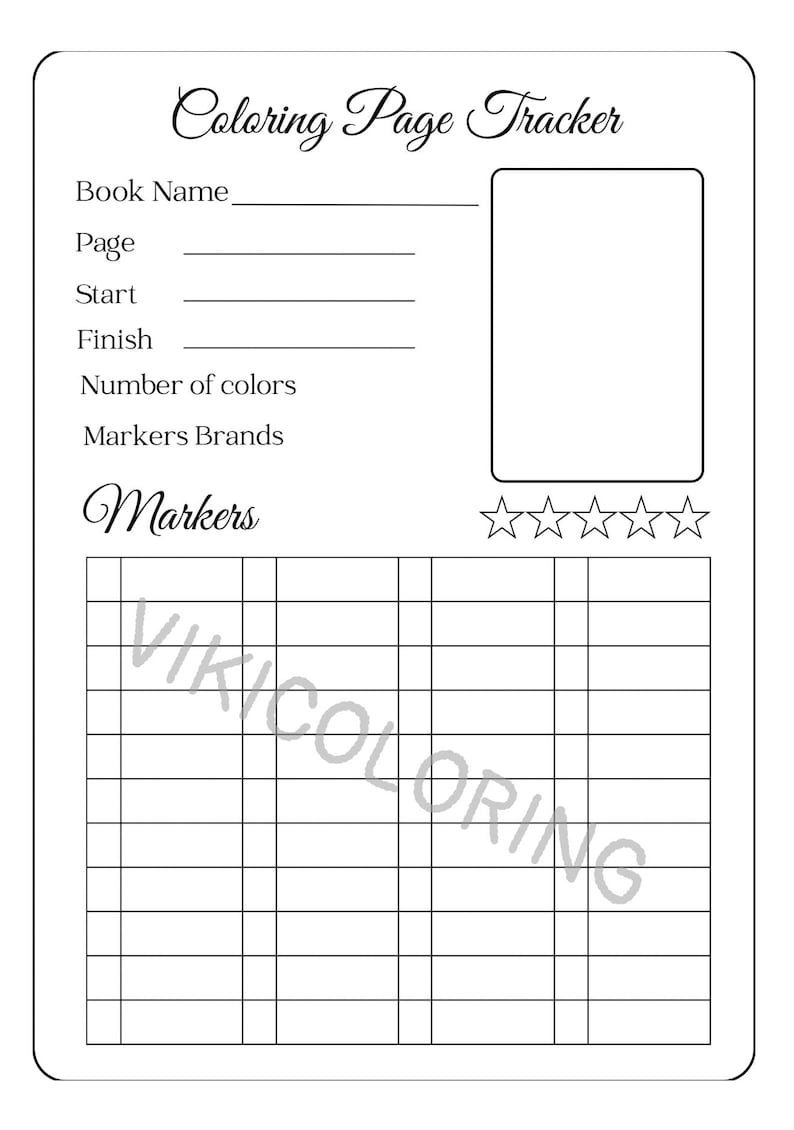 K&ouml;nnte beinhalten: Schwarz-wei&szlig; Malvorlagen-Tracker mit Feldern f&uuml;r Buchname, Seite, Start, Ende, Anzahl der Farben und Marken. Enth&auml;lt einen Bewertungsbereich und ein Raster zur Verfolgung der Marker. Der Text "Coloring Page Tracker" steht oben.