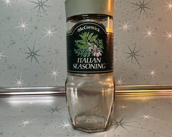 Vintage McCormick italiensk kryddburk grön etikett glas kryddflaska retro 80-tal