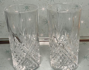 Set of 2 Crystal Highball Glasses Cut Starburst Pattern Vintage Barware 6 inches