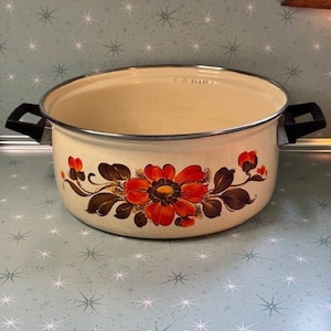 Moneta #24 Enamel Dutch Oven Pot Pan Brown Orange Flower 1970s Italy Retro Boho