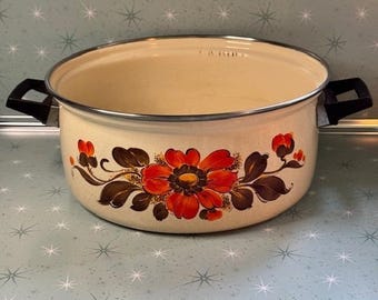 Moneta #24 Enamel Dutch Oven Pot Pan Brown Orange Flower 1970s Italy Retro Boho