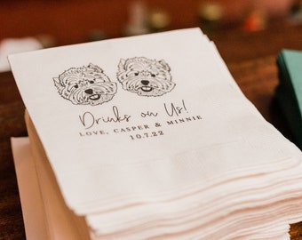 Custom Illustrated Dog Wedding Napkins, Bridal Shower, Engagement Party, Custom Bar Napkins, Custom Pet Wedding Napkins, Dog Napkins