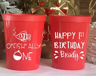 O "Fish"ally One First Birthday Personalized Stadium Plastic Cups - Birthday Stadium Cups - Fish Birthday Party, Catch the Big ONE