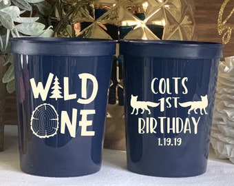 Wild One First Birthday Personalized Stadium Plastic Cups - Fox Birthday Stadium Cups - Birthday Favor, Boy 1st Birthday