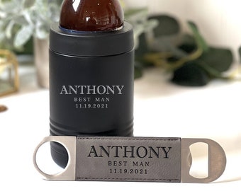 Groomsmen Customized Metal Can Cooler and Bottle Opener, Engraved Metal Can Holder, Personalized Beer Can Cooler, Gift for Man