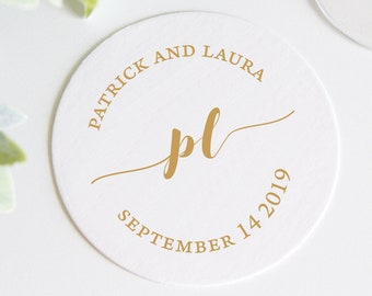 Circle Monogram Personalized Wedding Coaster, Foil Pressed Coaster, Custom Coaster, Wedding Logo Coaster