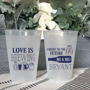 Love is Brewing- Beer Party-  Personalized Wedding Cup / Bridal Shower/ Rehearsal Dinner /  Shatterproof Plastic Cups
