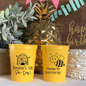 Bee-Day First Birthday Personalized Stadium Plastic Cups Bee Birthday Stadium Cups Birthday Favor image 1