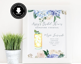 Bridal Shower Cocktail Sign: Blue Hydrangea - Editable Drink Menu