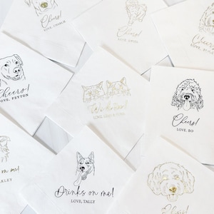 Custom Illustrated Dog Wedding Napkins, Bridal Shower, Engagement Party, Custom Bar Napkins, Custom Pet Wedding Napkins, Dog Napkins