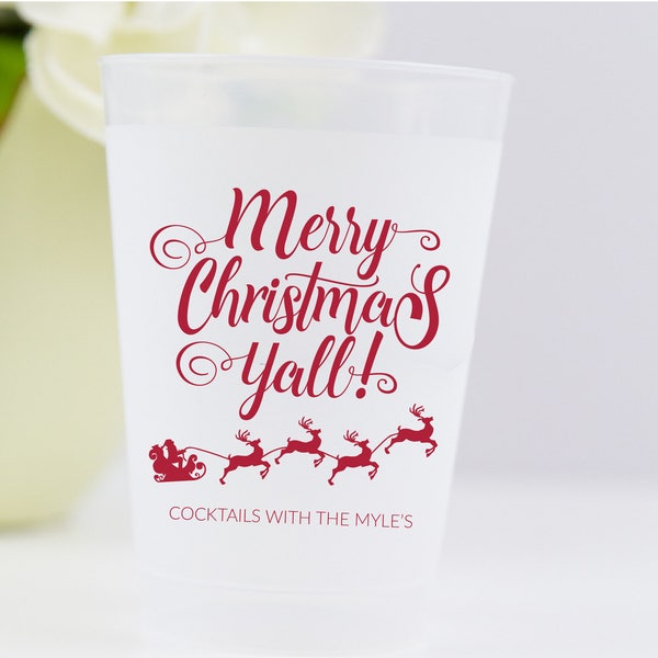 Merry Christmas Y'all Shatterproof Party Cups - Wine Cups -  Holiday Cocktails - Personalized Christmas Cup - Frosted Cup