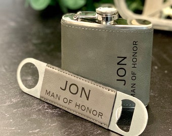 Man of Honor Personalized Leather Bottle Opener and Flask Set, Engraved Gifts for Groomsmen, Personalized Bottle Opener, Leatherette Flask