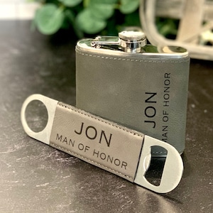 Man of Honor Personalized Leather Bottle Opener and Flask Set, Engraved Gifts for Groomsmen, Personalized Bottle Opener, Leatherette Flask