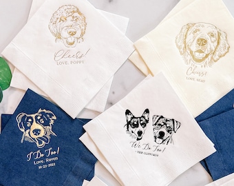 Serviettes personnalisées pour mariage de chien illustré, Shower nuptiale, Fête de fiançailles, Serviettes de bar personnalisées, Serviettes de table personnalisées pour mariage d'animal de compagnie, Serviettes de table pour chien