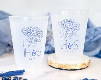 Summer Hydrangea Frosted Wedding Cups, Modern Wedding Cups, Fancy Elegant Script, Custom Wedding Cups, Plastic Cups