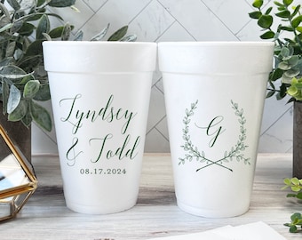 Monogram Wreath Personalized Wedding Foam Cups, Wedding Cups, Reception Cups, Custom Foam Cups, Personalized Foam Cups, Wedding Decor
