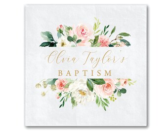 Pink Spring Floral God Bless Religious Napkins, Personalized Religious Napkins, Baptism Christening Napkin, Cross Napkin, Full Color Napkins