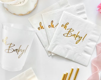 Oh Baby - Baby Shower Napkins and Cups - Ready To Ship -White Napkins With Gold Foil, White Cups With Gold Ink Baby Shower