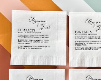 Fun Facts Personalized Wedding Napkins - Bridal Shower - Rehearsal Dinner - Engagement Party Napkins - Wedding Bar Napkins