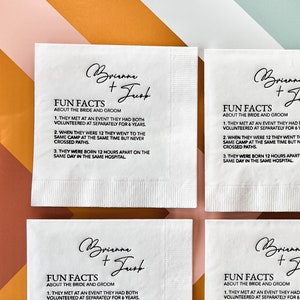 Fun Facts Personalized Wedding Napkins Bridal Shower Rehearsal Dinner Engagement Party Napkins Wedding Bar Napkins image 1