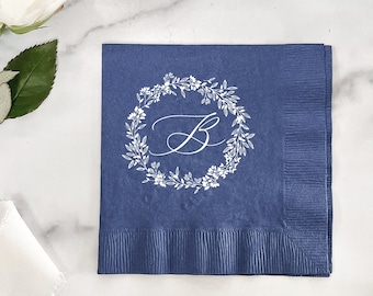 Monogram Wreath Personalized Wedding Napkins, Rehearsal Dinner, Engagement Party, Custom Bar Napkins, Custom Wedding Napkins