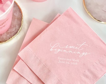 Sweet Beginnings Personalized Wedding Napkins, Bridal Shower, Rehearsal Dinner, Engagement Party, Custom Bar Napkins, Custom Wedding Napkins