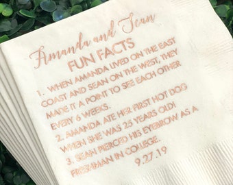 Fun Facts Personalized Wedding Napkins - Bridal Shower - Rehearsal Dinner - Engagement Party Napkins - Wedding Bar Napkins
