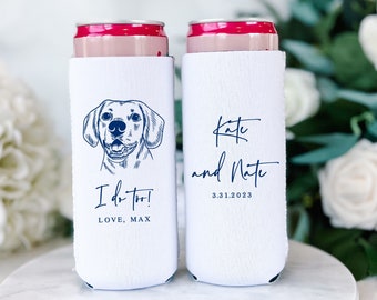 Custom Illustrated Dog Slim Can Holder -  Wedding Pet Can Cooler, Wedding Favors, Beverage Insulators, Beer Huggers, Slim Beer Holder