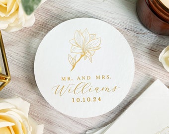 Magnolia Personalized Wedding Coasters - Foil Pressed Coaster, Custom Coasters, Wedding Coasters, Wedding Decor, Custom Wedding Coasters